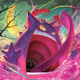 A Gigantamax Gengar using some sort of tongue attack.